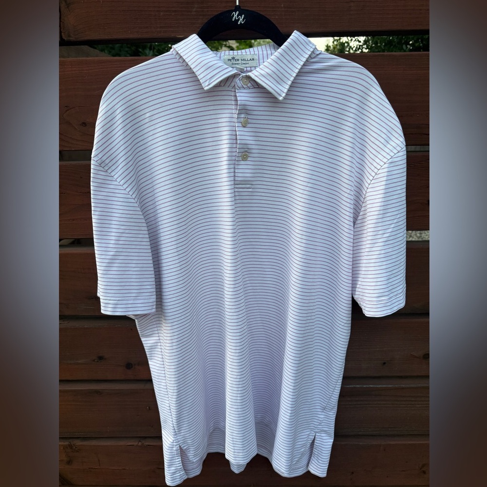 Peter Millar Polo Shirt Men'sLarge Pink and white Striped Golf Stretch